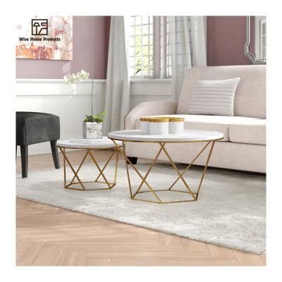 China Hot Selling MDF Modern White Gold Marble Top Round Living Room Extendable 2 Piece Coffee Table Set for sale