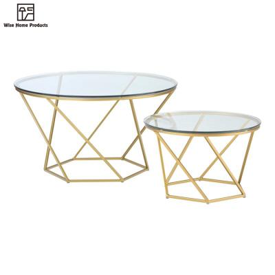 China Modern Design Stretch Around Gold Metal Glass Sofa Coffee Table Sets For Tempered Living Room for sale