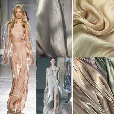 China Metallic Shiny Silky Satin Cloth Fabric Translucent Metallic Instant Polyester For Dress Skirt for sale