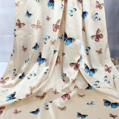 China Other Soft Peach And Black Butterfly Printed Tulle Satin Fabric For Dress Shirts By The Meter, 150cm Width for sale