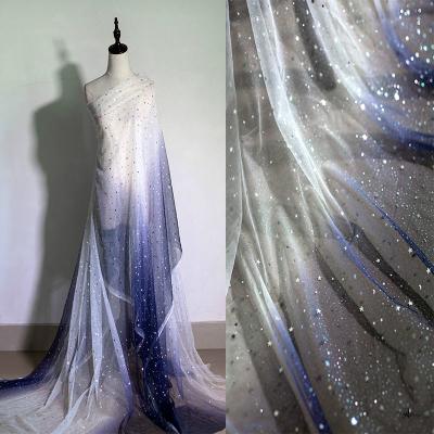 China QUICK DRY Soft Sheer Chiffon Fabric Gradient Material Blue White Stars Gauze Sequin Mesh Dance Dress Fabric, By The Meter for sale