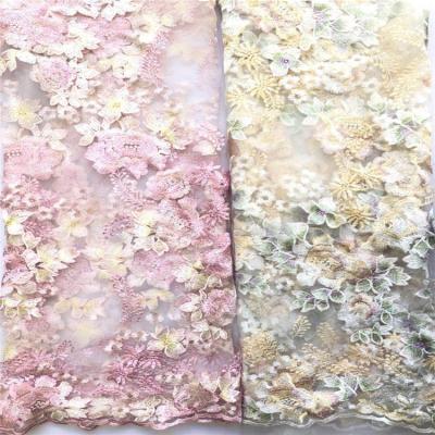 China Beige Exquisite Embroidered Floral Lace Fabric Bridal Veil Lace Dress Mesh Fabric Color Floral Rose Lace Fabric QUICK DRY By The Yard for sale