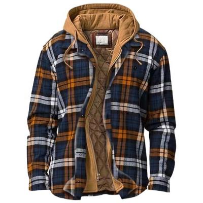 China Bestselling Anti-Shrink Men's Plaid Jackets Coats Vintage Casual Winter Outdoor Stripe Zipper Thick Hooded Jackets For Men New Design OEM for sale