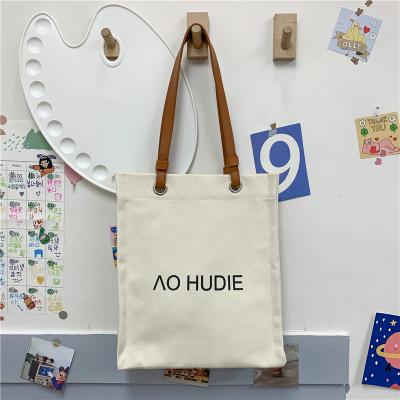 China Women Letters Cotton Reusable Bag Handle Simple Folding Canvas Tote Bag for sale