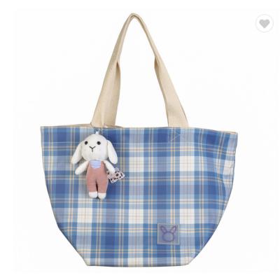 China Eco-Friendly Custom Foldable Plaid Folding Low Price Tote Handbag Reusable Cotton Tote Shopping Shoulder Bag for sale