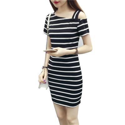 China Stripe Breathable Inclined Dress Thin Shoulder Sling Belt A Word Collar Fashion T-shirt Sexy Top Slim Woman for sale