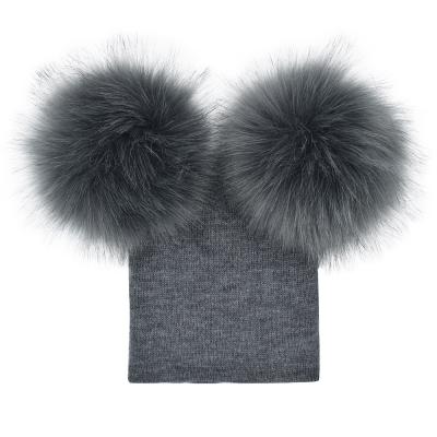 China breathable & Baby Winter Faux Fur Pompom Hat Waterproof Fur Pom Poms Beanie Hats For Kids for sale