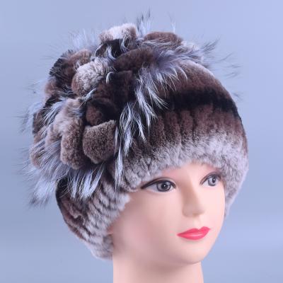 China breathable & Winter waterproof fur hat for women real rex rabbit fur knitted hat with fox fur pompom for sale