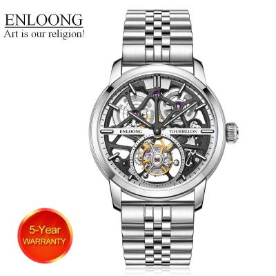 China 2021 ENLOONG Real Luxury Power Reserve Tourbillon Watches Men With Sapphire Band Stainless Steel Long Power Reserve Luxury Silver OEM Watch for sale