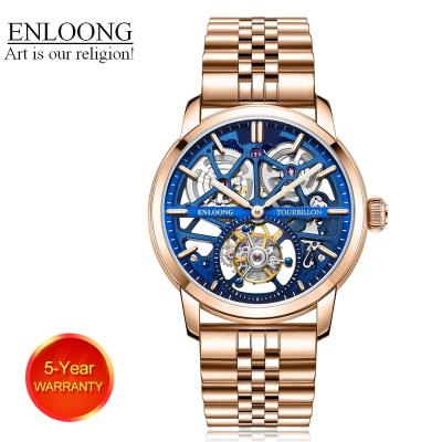 China 2021 ENLOONG Real Power Reserve Luxury Tourbillon Watches Men With Long Power Reserve Stainless Steel Band Sapphire OEM Luxury Watch Rose Gold for sale