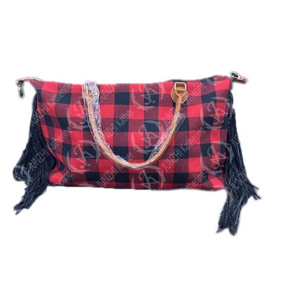 China JUNZHI Polyester Black Buffalo Weekender Red Fringe Plaid Bag for sale