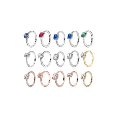 China Pandoraer Romantic Classic Six-claw Rings Colorful Women's Fashion Jewelry 925 Sterling Silver Rose Gold Crown for sale