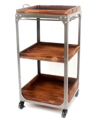 China Model 3 Tiers Industrial Kitchen Cart With Wheels Industrial Metal And Wood Serving Cart for sale