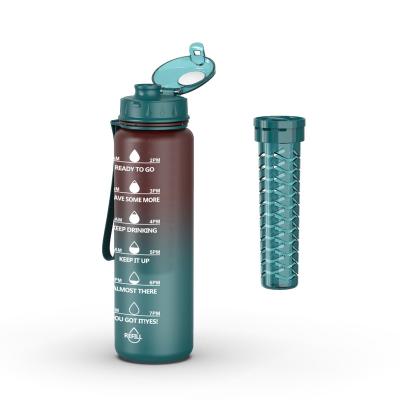 China Drink No Sweat Gym Bottle With Fruit Infuser Strainer Plastic Motivational Water Bottle With Marker 32oz for sale