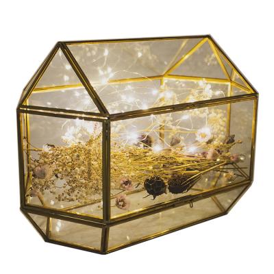 China Wholesale Vintage Modern Polygonal Double Layer Gold Mini Greenhouse Brass Jewelry Box Glass for sale