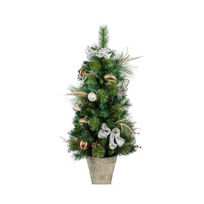 China Small 120 cm Chic Potted Christmas Tree Realistic Co-Arts With Various Christmas Tree Decorations for sale