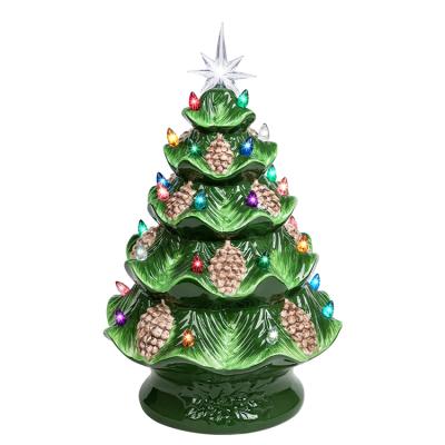 China Custom Co-Arts Decoration Co-Arts Pine Cones Pine Tree Green Ceramic Christmas Tree With Light for sale