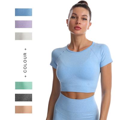 China Solid color macaroon breathable tight yoga clothing short-sleeved sports tops European and American women plus size yoga clothing for sale