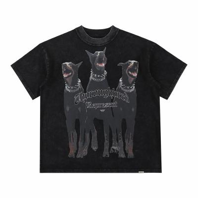 China Anti-shrink doberman pinscher printed washed European and American men's summer T-shirt high street short-sleeved heavy old style for sale