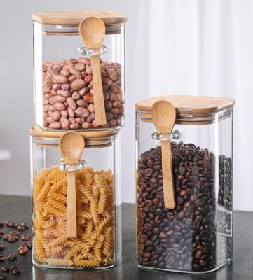 China High Quality Glass Sealed Jar Stocked With Spoon Bamboo Cover, Coffee Bean Tea Seasoning Storage Tank for sale