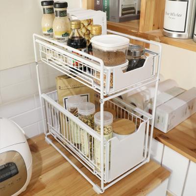 China Custom 2 Layers Stainless Steel Kitchen Bathroom Under Sink Storage Rack Bathroom Under Sink Organizer Metal Multifunction for sale