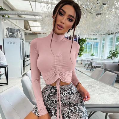 China X1173C Fashion Cavity Breathable Bodycon Tops Bandage Long Sleeve Round Neckline Slim Fit Crop Lace Women Top Blouse for sale