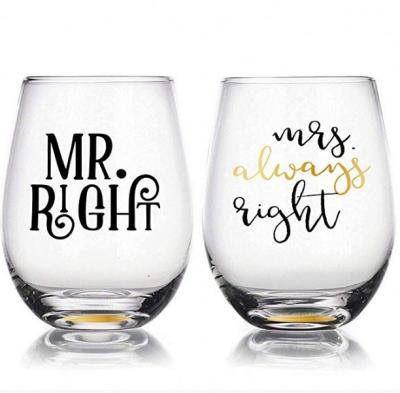 China Custom Wholesale Modern Mr. Right and Mrs. Always Right 16--20oz Stemless Crystal Wine Glass Set for sale