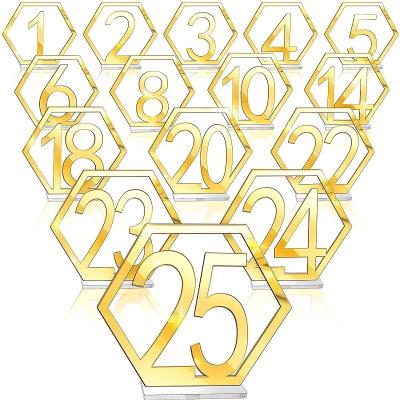 China Mirror gold silver acrylic acrylic hexagon hollowed out number 1-40 seat card bar cafe wedding table card for sale