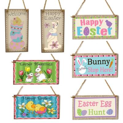 China Europe Cartoon Wooden Rectangular Listing Logo Hanging Easter Bunny Cross Craft Ornaments For Easter Decorations for sale