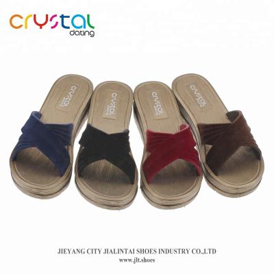 China Ladies Slippers Low Heel Floking X Shaped Upper Slippers With Bronze Outsole for sale