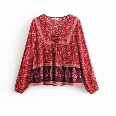 China Washable Bohemian Chic Vintage Tassel Floral Print V Neck Boho Blouse Shirts Women Puff Rayon Sleeve Shirts Blusas for sale