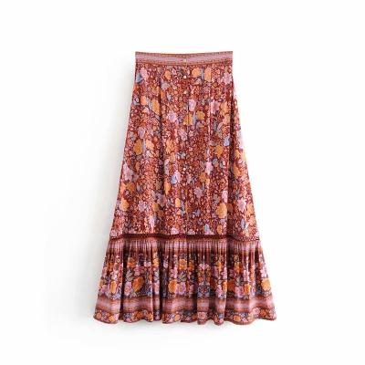 China Vintage Washable Chic Fashion Hippie Women Beach Purple Bohemian Floral Print Skirt High Elastic Waist A Line Skirt Boho Midi Femme for sale