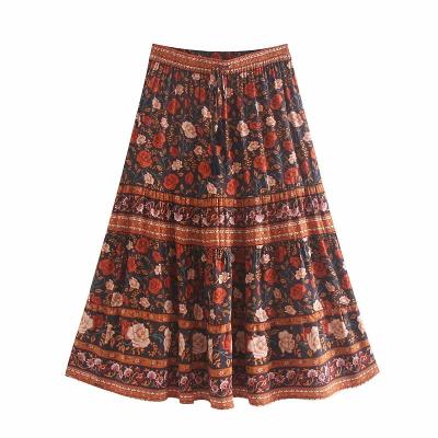 China High Waist Tassel Vintage Women Beach Skirt Bohemian Hippie Chic Washable Floral Print Midi A Line Skirt Femme Midi A Line Skirt for sale