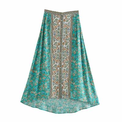 China Maxi Skirt High Elastic Waist Bohemian Boho Femme Asymmetrical Skirt Vintage Fashion Women Beach Hippie Chic Washable Floral Print for sale