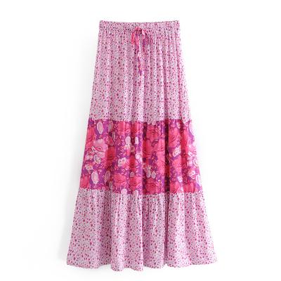 China Fashion Washable Chic Women Vintage Floral Print Beach Hippie Pink Bohemian Skirt Maxi A Line Boho Skirt High Elastic Waist Femme for sale