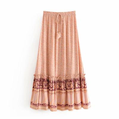 China Elastic Waist Rayon Maxi Skirts Floral Peacock Printed Beach Skirt Hippie Chic Washable Ladies Bohemian Vintage Fashion Women for sale