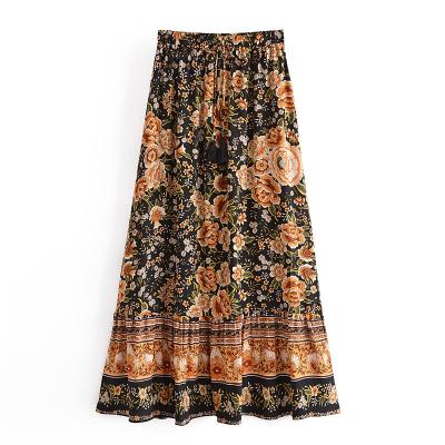 China Washable Drop Shipping Black Floral Print Beach Bohemian Pleated Skirt Ladies High-waisted A Line Rayon Boho Maxi Skirt for sale