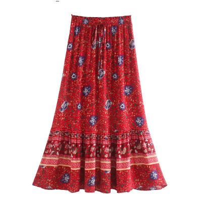 China Fashion Washable Hippie Chic Women Summer Vintage Bohemian Red Floral Print Beach Midi Skirts Ladies Rayon Boho Skirt for sale