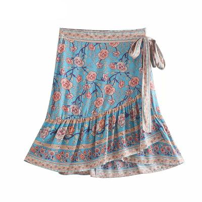 China Women's Washable Hippie Chic Drawstring Vintage Boho Floral Print Bohemian Boho Beach Mini Skirts Ladies Rayon Cotton Skirts for sale