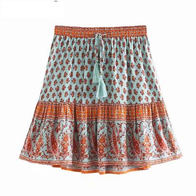 China High Elastic Waist Women Vintage Floral Print Skirt Bohemian Chic Washable Beach Elastic Rayon A Line Boho Mini Skirts Femme for sale