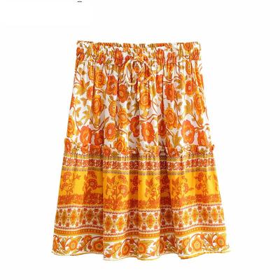 China Orange Floral Print Cotton Bohemian Rayon Waist Boho Skirt Ladies Tassel Women Vintage Washable Hippie Chic High Waisted Bohemian Mini Skirts for sale