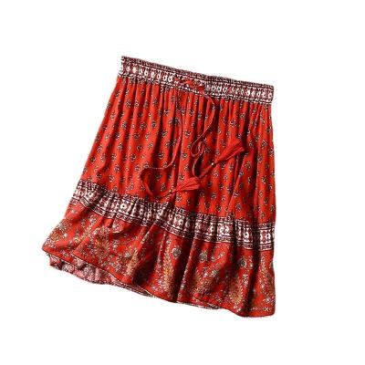 China Boho Cotton Red Floral Print Mini Boho Skirts Rayon Ladies Beach Skirt Tassel Washable Chic Women Vintage for sale