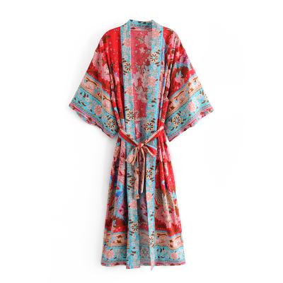 China Boho Breathable Peacock Print Bat Sleeve Red Women Beach Kimono Long Robe Ladies V-Neck Cover-up Bohemian Dress for sale