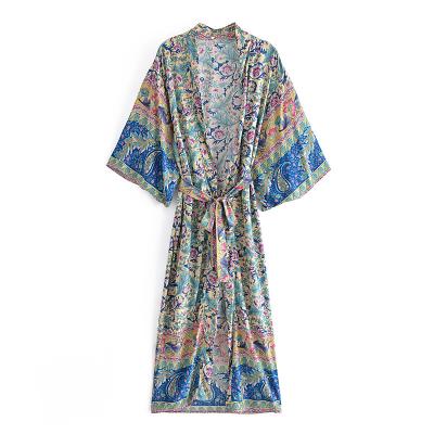 China Bohemian Cover-up Summer Boho Long Robe V-Neck Ladies Vintage Kimono Robe Women Floral Print Batwing Beach Chic Washable Sleeve for sale