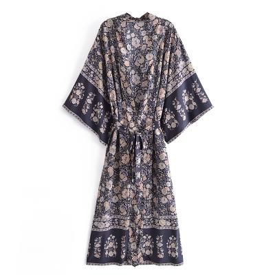 China Vintage Boho Floral Print V-Neck Bohemian Batwing Sashes Robe Washable Chic Women's Kimono Sheath Sheath Rayon Cotton Bikini Cover-Up Long Dress for sale