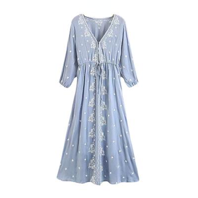 China Vintage Chic Women Washable Flare Bohemian Dress Maxi Dress Ladies Linen Cotton Boho Sleeve Embroidery Floral Tassel Beach Dress for sale