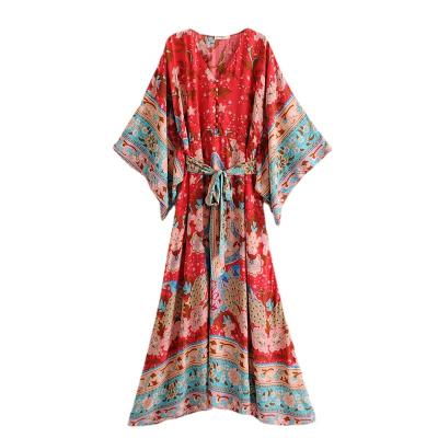 China Washable Vintage Women Floral Print Batwing Sleeve Beach Bohemian Bohemian Dresses Sashes Boho Maxi Dress Vestidos V-neck Ladies Kimono for sale