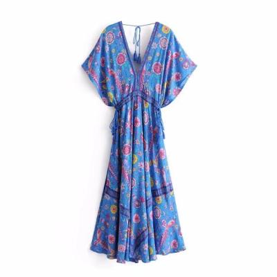 China Summer Boho Boho Maxi Dress Ladies Cotton Tassel Vintage Fashion Women Peacock Floral Print Washable Deep V-Neck Beach Washable Boho Sundress for sale