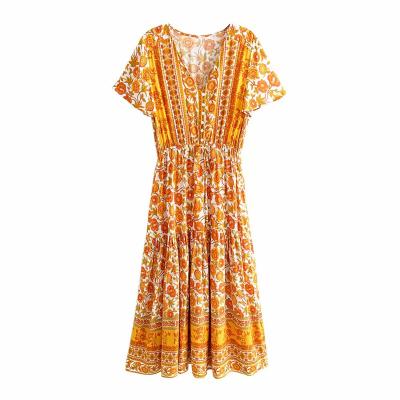 China Boho Boho Summer V-Neck Maxi Dress Ladies Beach Women Vintage Washable Chic Yellow Rayon Floral Print Pleated Boho Dress Vestidos for sale