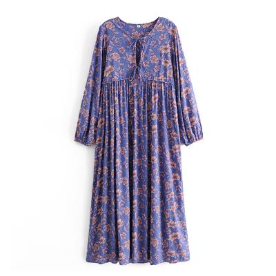 China Vintage Washable Chic Floral Print Women Long Sleeve Beach Bohemian Pleated Dress Vestidos de Maxi Dress Ladies Summer Rayon Boho for sale